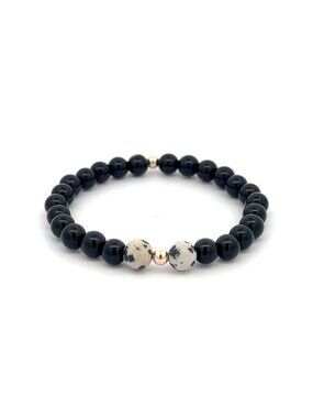 Natural Dalmatian Jasper Onyx 14K Solid Gold Bead Stretch Bracelet